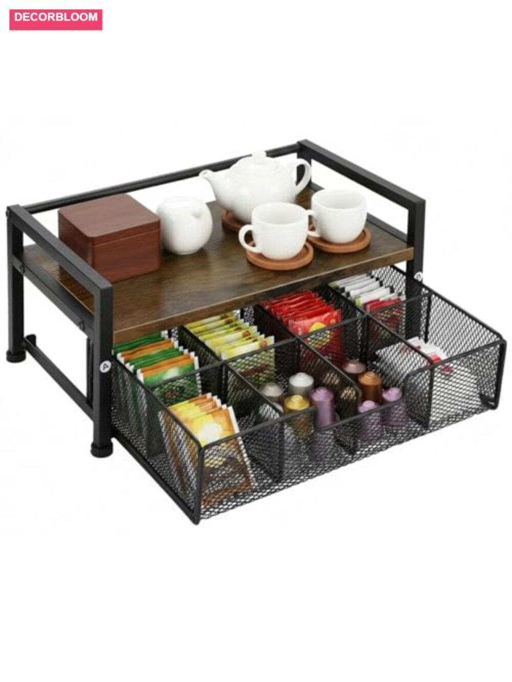 Tea Bag Organizer 8-Compartment Slide-Out Drawer Metal Wood Espresso Pod Storage